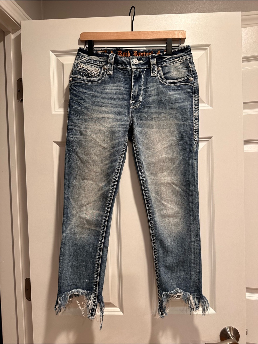 Rock Revival Blue Washed Frayed Hem Crop Jeans